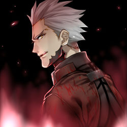 Rule 34 | 1boy, archer (fate), bad id, bad pixiv id, blood, dark persona, fate/stay night, fate (series), grey hair, licking lips, lowres, male focus, mitsuki mitsuno, solo, tongue, tongue out, white hair, yellow eyes