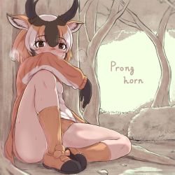 Rule 34 | 1girl, animal ears, antlers, arm on knee, arm support, black gloves, blush, brown eyes, character name, forest, gloves, heavy breathing, highres, horns, kemono friends, kemono friends 2, long sleeves, multicolored hair, nature, okyao, orange footwear, orange hair, orange socks, outdoors, pronghorn (kemono friends), shoes, sitting, socks, solo, sweat, thighs