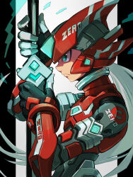Rule 34 | 1boy, absurdres, adapted costume, alternate hair color, android, armor, black border, blue eyes, border, character name, forehead jewel, from side, grey hair, helmet, highres, holding, holding sword, holding weapon, long hair, male focus, mechanical parts, mega man (series), mega man zero (series), official alternate costume, omochi (mochi skymega), profile, red armor, red helmet, scabbard, sheath, solo, sword, text print, upper body, weapon, white background, z saber, zero(z) (mega man), zero (mega man)