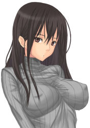 Rule 34 | 1girl, black hair, breasts, brown eyes, covered erect nipples, impossible clothes, impossible shirt, impossible sweater, large breasts, long hair, looking at viewer, muffin (sirumeria), original, ribbed sweater, shirt, simple background, solo, sweater, turtleneck, upper body, white background