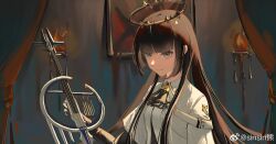 Rule 34 | 1girl, arknights, artist name, ascot, belt, belt buckle, black ascot, black bustier, black gloves, black halo, blunt bangs, blurry, blurry background, breasts, broken halo, brown hair, buckle, bustier, buttons, cello, chinese commentary, chinese text, closed mouth, collared jacket, commentary request, curtains, dark halo, depth of field, elbow gloves, from side, gloves, grey eyes, halo, hand up, highres, hime cut, holding, holding instrument, holding violin, indoors, instrument, jacket, layered sleeves, light smile, long hair, long sleeves, looking at viewer, looking to the side, medium breasts, painting (object), picture frame, red curtains, shade, shadow, short over long sleeves, short-sleeved jacket, short sleeves, sidelocks, sinsin, solo, standing, straight hair, torch, upper body, very long hair, violin, virtuosa (arknights), wall, watermark, weibo logo, weibo username, white belt, white jacket, wide sleeves, wing collar