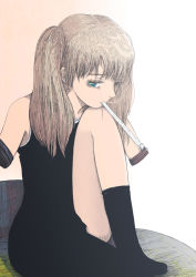 Rule 34 | 1girl, amputee, armless amputee, black dress, blue eyes, double amputee, dress, female focus, gradient background, keida riiko, legs, light brown hair, no arms, sleeveless, solo, twintails, white background