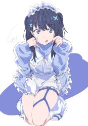 Rule 34 | 1girl, :p, alternate costume, apron, black hair, blue dress, blue eyes, closed mouth, dress, enmaided, frilled apron, frills, gridman universe, hair ornament, long hair, long sleeves, looking at viewer, loose socks, maid, maid apron, maid headdress, puffy sleeves, shoes, sitnon, skindentation, sleeves past wrists, sneakers, socks, solo, ssss.gridman, takarada rikka, thigh strap, thighs, tongue, tongue out, turtleneck, turtleneck dress, two side up, unconventional maid, waist apron, white apron, x hair ornament