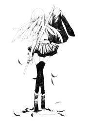 Rule 34 | 1girl, arm up, dated, feathers, floating hair, from behind, full body, greyscale, highres, holding, holding clothes, holding jacket, holding sword, holding weapon, jacket, crossed legs, long hair, monochrome, original, pleated skirt, rayvon, school uniform, sheath, sheathed, sketch, skirt, solo, standing, sword, thighhighs, weapon