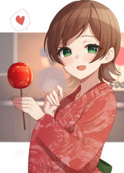 Rule 34 | 1girl, binsen, blurry, blurry background, blush, brown hair, commentary request, food, green eyes, heart, highres, holding, holding food, idolmaster, idolmaster million live!, japanese clothes, kimono, kinoshita hinata, long sleeves, open mouth, print kimono, red kimono, short hair, simple background, smile, solo, spoken heart, two-tone background, white background