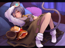 Rule 34 | 1girl, album cover, animal ears, animal print, basket, brown dress, capelet, character doll, cover, dress, gem, glowing, grey dress, grey hair, jewelry, lying, mouse (animal), mouse ears, mouse tail, nazrin, necklace, on back, pendant, pillow, red eyes, solo, stuffed animal, stuffed tiger, stuffed toy, tail, teko, tiger print, toramaru shou, toramaru shou (tiger), touhou
