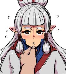 Rule 34 | 1girl, akairiot, blush, finger to own chin, highres, nintendo, paya (zelda), pointy ears, pov, simple background, solo, the legend of zelda, the legend of zelda: breath of the wild