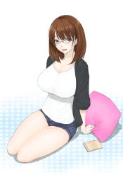 Rule 34 | 1girl, anegasaki nene, arm support, black jacket, blush, breasts, brown hair, cleavage, curvy, female focus, glasses, groin, highres, huge breasts, jacket, legs, libre, light blush, looking at viewer, love plus, open mouth, pillow, purple eyes, shadow, short hair, short shorts, shorts, simple background, sitting, smile, solo, thighs