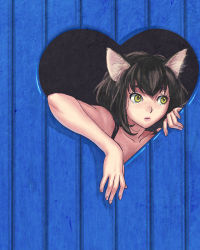 Rule 34 | 1girl, animal ear fluff, animal ears, bare arms, bare shoulders, black hair, cat ears, collarbone, fingernails, heart, heart-shaped hole, looking away, looking to the side, original, pink lips, short hair, solo, yellow eyes, yuccoshi