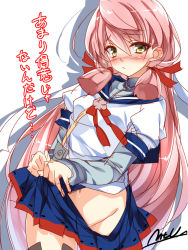 Rule 34 | 10s, 1girl, :&lt;, akashi (kancolle), blue skirt, blush, clothes lift, hair ribbon, kantai collection, long hair, looking at viewer, mtu (orewamuzituda), navel, no panties, pink hair, pleated skirt, ribbon, short twintails, side slit, sidelocks, signature, simple background, skirt, skirt lift, solo, standing, thighhighs, translation request, twintails, very long hair, white background, yellow eyes