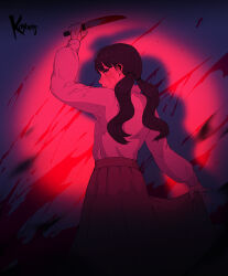 Rule 34 | 1girl, artist name, blood, blood on hands, bloody weapon, brown hair, fear &amp; hunger, fear &amp; hunger 2: termina, from behind, highres, holding, holding knife, knife, koyorin, long hair, long skirt, long sleeves, looking at viewer, looking back, marina (fear &amp; hunger), purple eyes, shadow, shirt, skirt, solo, spotlight, twintails, weapon, white shirt