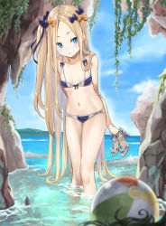 Rule 34 | 1girl, abigail williams (fate), ball, beachball, bikini, black hair, blonde hair, blue bikini, blue bow, blue sky, blurry, blurry foreground, blush, bow, breasts, brown footwear, cloud, collarbone, commentary request, day, depth of field, fate/grand order, fate (series), hair bow, high heels, holding, holding shoes, horizon, leaning forward, long hair, navel, ocean, one side up, orange bow, outdoors, parted lips, pixiv fate/grand order contest 2, purple bow, sandals, unworn sandals, shoes, signature, sky, small breasts, solo focus, standing, swimsuit, tyone, very long hair, wading, water