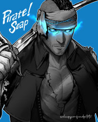 Rule 34 | 1boy, absurdres, artist name, asymmetrical hair, blue background, blue eyes, call of duty, call of duty: modern warfare 2, character name, closed mouth, facial hair, glowing, glowing eyes, halloween costume, headband, highres, holding, holding sword, holding weapon, jacket, large pectorals, male focus, muscular, muscular male, open clothes, open jacket, pectorals, pirate, pirate costume, shirt, short hair, sidecut, simple background, sleepyconfusedpotato, soap (modern warfare 2), solo, sword, torn clothes, torn shirt, undercut, upper body, weapon