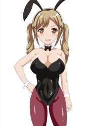 Rule 34 | 10s, 1girl, animal ears, bang dream!, blush, breasts, cleavage, covered navel, fake animal ears, hair ornament, ichigaya arisa, large breasts, leotard, looking at viewer, open mouth, playboy bunny, rabbit ears, simple background, solo, standing, suzumori kuroku, tagme, twintails, white background, x hair ornament