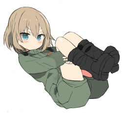 Rule 34 | 10s, 1girl, araki kanao, bad id, bad pixiv id, black footwear, blonde hair, blue eyes, boots, closed mouth, full body, girls und panzer, green jumpsuit, hugging own legs, jumpsuit, katyusha (girls und panzer), long sleeves, looking at viewer, lying, on back, pravda military uniform, short hair, short jumpsuit, simple background, sketch, solo, white background