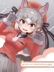 Rule 34 | alt text, animal ears, blazer, blouse, breast pocket, da (bobafett), gloves, grey background, hat, highres, island fox (kemono friends), jacket, kemono friends, kemono friends v project, long hair, looking at viewer, necktie, open mouth, pocket, red shirt, school uniform, shirt, shoes, silver hair, skirt, smile, solo, suit jacket, tail, twintails, virtual youtuber