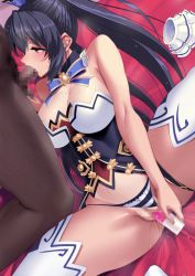 Rule 34 | 1boy, 1girl, black hair, blush, breasts, censored, choujigen game neptune, cleavage, clothing aside, compile heart, dark-skinned male, dark skin, fellatio, hetero, highres, idea factory, large breasts, long hair, masturbation, neptune (series), noire (neptunia), nyamota, object insertion, oral, panties, panties aside, red eyes, sex toy, spread legs, striped clothes, striped panties, thighhighs, twintails, underwear, vaginal, vaginal object insertion, vibrator