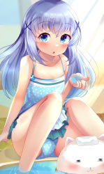 Rule 34 | :o, aru (arudes), bare legs, blue dress, blue eyes, blue one-piece swimsuit, blue panties, blush, child, dress, flat chest, frilled swimsuit, frills, gochuumon wa usagi desu ka?, hair between eyes, hair ornament, hairclip, hand up, kafuu chino, knees up, legs, long hair, looking to the side, one-piece swimsuit, open mouth, panties, partially submerged, polka dot, polka dot panties, polka dot swimsuit, silver hair, sitting, spaghetti strap, sunlight, swimsuit, tippy (gochiusa), underwear, water