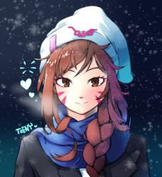 Rule 34 | 1girl, beanie, black coat, blue scarf, blush, braid, braiding hair, breath, brown eyes, brown hair, coat, cold, d.va (overwatch), eyelashes, facial mark, hairdressing, hat, heart, long hair, looking at viewer, matching hair/eyes, night, outdoors, overwatch, overwatch 1, scarf, single braid, smile, snow, solo, swept bangs, teeny (nonzone), upper body, whisker markings, winter clothes, winter coat