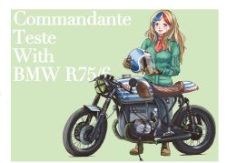 Rule 34 | 1girl, blonde hair, blush, bmw, bmw r75, boots, breasts, brown gloves, commandant teste (kancolle), commentary request, denim, english text, gloves, grey background, helmet, highres, holding, holding helmet, jeans, kantai collection, long hair, long sleeves, motor vehicle, motorcycle, multicolored hair, open mouth, pants, red neckwear, simple background, solo, standing, streaked hair, thrux