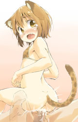 Rule 34 | 1girl, animal ears, animal print, ass, bikini, blush, brown hair, cat ears, cat tail, face, fang, flat chest, leopard print, looking back, open mouth, original, penis, sex, short hair, solo focus, swimsuit, tail, tears, uncensored, yellow eyes, yudepii