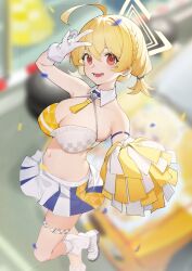 Rule 34 | 1girl, ahoge, arm strap, arm up, armpits, bare arms, bare shoulders, blonde hair, blue archive, blurry, braid, breasts, cheerleader, cleavage, covered erect nipples, crop top, depth of field, gloves, halo, halterneck, highres, holding, holding pom poms, kotori (blue archive), kotori (cheer squad) (blue archive), large breasts, leg up, long hair, looking at viewer, loose socks, midriff, miniskirt, navel, official alternate costume, open mouth, pleated skirt, pom pom (cheerleading), pom poms, red eyes, red plate (kyuu45), shirt, shoes, skindentation, skirt, sleeveless, sleeveless shirt, smile, socks, solo, spaghetti strap, standing, standing on one leg, stomach, thigh strap, thighs, two-tone shirt, white footwear, white gloves, white shirt, white skirt, white socks, wing collar