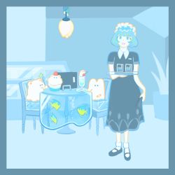 Rule 34 | 1girl, aqua eyes, aqua hair, bad id, bad twitter id, bandaid, black dress, black footwear, bubble, chair, cherry, collared shirt, cup, dress, fish, food, fruit, highres, holding, holding clothes, holding dress, indoors, mu mashu, open mouth, original, plant, potted plant, shirt, shoes, short hair, short sleeves, smile, socks, solo, standing, strawberry, white socks, wide shot