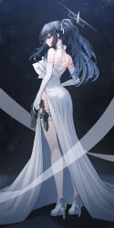 Rule 34 | 1girl, absurdres, black hair, blue archive, blue eyes, blue halo, breasts, choker, closed mouth, dress, elbow gloves, full body, gloves, gun, halo, high heels, highres, holding, holding gun, holding weapon, kneepits, large breasts, long hair, official alternate costume, popcat (jung5u), saori (blue archive), saori (dress) (blue archive), solo, strapless, strapless dress, thighhighs, weapon, white choker, white dress, white footwear, white gloves, white thighhighs