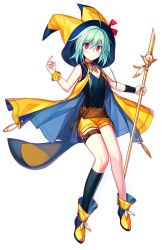 Rule 34 | 1girl, ahoge, asymmetrical legwear, black shirt, black socks, blue hair, boots, breasts, cape, choker, cleavage, collarbone, full body, hair between eyes, hat, hat ribbon, hnhr 69, holding, holding staff, jewelry, kneehighs, looking at viewer, necklace, original, red eyes, red ribbon, ribbon, shirt, short hair, short shorts, shorts, simple background, single kneehigh, single sock, sleeveless, sleeveless shirt, small breasts, socks, solo, staff, suspenders, thigh strap, uneven legwear, white background, wrist cuffs, wristband, yellow cape, yellow shorts