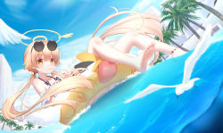Rule 34 | 1girl, barefoot, beach, blonde hair, blue archive, drinking, feet, hifumi (blue archive), highres, innertube, long hair, looking at viewer, low twintails, palm tree, soles, sunglasses on head, swim ring, swimsuit, toes, tree, twintails, yellow eyes