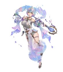 Rule 34 | 1girl, bare shoulders, breasts, choker, female focus, fire emblem, fire emblem heroes, gold trim, gradient hair, grey footwear, grey hair, highres, holding, holding wand, jewelry, large breasts, leotard, leotard under clothes, multicolored hair, nintendo, non-web source, official art, open mouth, pants, purple hair, seidr (fire emblem), short hair, skindentation, solo, thigh strap, thighs, torn clothes, wand, yellow eyes, yoshiku (oden-usagi)