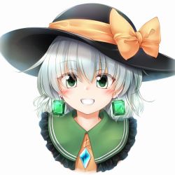 Rule 34 | 1girl, :d, black hat, blush, bow, commentary request, earrings, eyes visible through hair, frilled shirt collar, frills, gem, green eyes, green gemstone, grin, hair between eyes, hat, hat bow, highres, jewelry, komeiji koishi, looking at viewer, marukyuu ameya, medium hair, open mouth, orange bow, portrait, silver hair, simple background, smile, solo, teeth, touhou, white background