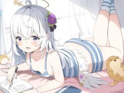 Rule 34 | 1girl, ass, azusa (blue archive), blue archive, blue eyes, blush, chintora0201, collarbone, downblouse, hair ornament, hairclip, halo, holding, holding pen, looking at viewer, low wings, lying, open mouth, pen, socks, solo, white hair, white wings, wings