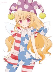 Rule 34 | 1girl, american flag dress, american flag legwear, bad id, bad twitter id, blonde hair, clownpiece, fairy wings, hat, jester cap, long hair, pantyhose, red eyes, sleeveless, smile, solo, star (symbol), striped clothes, striped pantyhose, sui (aruko91), touhou, very long hair, wings