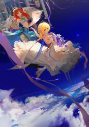 Rule 34 | 2girls, above clouds, ahoge, arms up, blonde hair, blue sky, breasts, cloud, commentary request, crescent, dancer, dancing, detached sleeves, dress, elbow gloves, fake horns, flower, genshin impact, gloves, green eyes, hair flower, hair ornament, highres, horns, jewelry, long hair, looking at viewer, looking back, lumine (genshin impact), medium breasts, moon, multiple girls, nilou (genshin impact), open mouth, red hair, short hair, sky, small breasts, smile, thighlet, veil, white dress, wu xiao xian, yellow eyes