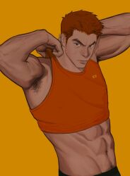 Rule 34 | 1boy, abs, armpit hair, armpits, arms up, bara, cowboy hat, edeued (dpemrmfla), frown, hat, highres, long sideburns, looking at viewer, male focus, mature male, midriff, muscular, muscular male, navel, navel hair, no pupils, orange background, orange hair, orange tank top, original, short hair, sideburns, solo, stomach, tank top, thick eyebrows, undressing, veins, veiny arms