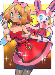 Rule 34 | 1girl, :&gt;, black thighhighs, blonde hair, blue eyes, breasts, choker, cleavage, closed mouth, creatures (company), dakusuta, earrings, game freak, gen 6 pokemon, gloves, hair ornament, hair ribbon, hairclip, highres, jewelry, medium breasts, nintendo, overskirt, pokemon, pokemon (anime), pokemon (creature), pokemon xy (anime), ribbon, serena (pokemon), short hair, simple background, smile, sylveon, thighhighs, white background, zettai ryouiki