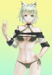 Rule 34 | 1girl, aiv, animal ear fluff, animal ears, arknights, bare shoulders, bikini, black bikini, breasts, cat ears, commentary, cowboy shot, gradient background, green background, green eyes, green hair, hand on own hip, highres, kal&#039;tsit (arknights), large breasts, looking at viewer, midriff, navel, off-shoulder shirt, off shoulder, shirt, short hair, short sleeves, side-tie bikini bottom, solo, standing, stomach, swimsuit, thighs, yellow background