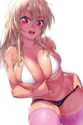 Rule 34 | 1girl, :d, bare shoulders, bikini, bikini top only, blonde hair, blush, breasts, cleavage, collarbone, covered erect nipples, hair between eyes, halterneck, highres, large breasts, long hair, looking at viewer, micro shorts, navel, onsoku inu, open mouth, original, pink thighhighs, shorts, simple background, smile, solo, swimsuit, teeth, thighhighs, thighs, upper teeth only, white background, white bikini