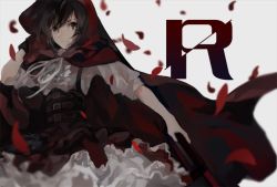 Rule 34 | 1girl, bad id, bad pixiv id, belt, black eyes, black hair, bustier, cape, cloak, closed mouth, frills, holding, holding weapon, hood, hooded cloak, looking at viewer, multiple belts, petals, red cape, ribbon, rose petals, ruby rose, rwby, short hair, simple background, smile, solo, swept bangs, tanshi shou, text focus, underbust, weapon