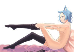 Rule 34 | 1girl, animal ears, black thighhighs, blue hair, breasts, cat ears, dressing, large breasts, murakami monako, nipples, nude, original, outstretched leg, short hair, solo, thighhighs, thighhighs pull