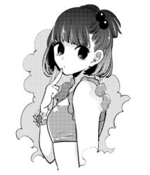 Rule 34 | 1girl, arima kana, breasts, center-flap bangs, closed mouth, eyelashes, fingernails, flower, frilled bikini top, from side, greyscale, hair bobbles, hair ornament, hand up, looking at viewer, looking to the side, monochrome, official art, one side up, oshi no ko, puckered lips, scrunchie, short hair, small breasts, solo, sunflower, third-party source, turning head, upper body, v over mouth, wrist scrunchie, yokoyari mengo
