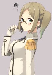 Rule 34 | 10s, 1girl, alternate hairstyle, blush, breasts, brown hair, buttons, collared shirt, commentary request, double-breasted, epaulettes, female focus, from side, glasses, gloves, green eyes, jacket, kantai collection, katori (kancolle), large breasts, looking at viewer, military, military uniform, necktie, parted bangs, semi-rimless eyewear, shirt, smile, solo, sui (tsuruhibiki), twintails, under-rim eyewear, uniform, upper body, white gloves
