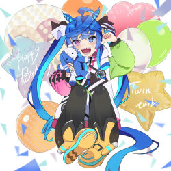Rule 34 | 1girl, ahoge, animal ears, balloon, black pantyhose, blue eyes, blue hair, blush, boots, character name, crossed bangs, happy birthday, heart balloon, heterochromia, highres, holding, holding stuffed toy, hood, hood down, hoodie, horse ears, horse girl, horse tail, knees up, long hair, long sleeves, looking at viewer, open mouth, pantyhose, pointing, pointing at self, purple eyes, sharp teeth, sitting, smile, solo, sousuke yuasa, star balloon, stuffed animal, stuffed rabbit, stuffed toy, tail, teeth, twin turbo (umamusume), twintails, umamusume, yellow footwear