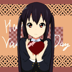 1girl bad_id bad_pixiv_id black_hair female_focus gift happy_valentine heart holding holding_gift k-on! kaiman long_hair nakano_azusa official_style red_eyes school_uniform solo twintails valentine