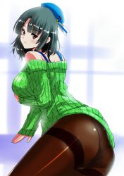 Rule 34 | 10s, 1girl, ass, bare shoulders, beret, black hair, black pantyhose, breast hold, breasts, brown eyes, hat, kantai collection, looking at viewer, off-shoulder, off-shoulder sweater, off shoulder, panties, panties under pantyhose, pantyhose, perepere-kun, ribbed sweater, short hair, solo, sweater, takao (kancolle), underwear