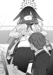 Rule 34 | 1boy, 1girl, :d, animal ears, black jacket, blue archive, breasts, computer, formal, greyscale, hair over one eye, halo, highres, holding, holding paper, indoors, jacket, laptop, large breasts, long hair, long skirt, long sleeves, lop rabbit ears, mizuki takehito, monochrome, navel, neckerchief, ninja, open mouth, paper, pleated skirt, rabbit ears, scarf, school uniform, sensei (blue archive), short hair, skirt, smile, spiked hair, tall female, tsukuyo (blue archive), v-shaped eyebrows