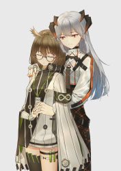 Rule 34 | 2girls, absurdres, arknights, armband, black legwear, black skirt, brown hair, chinese commentary, closed eyes, commentary request, cowboy shot, dress, earrings, feather hair, glasses, grey background, grey dress, hair between eyes, hand on another&#039;s shoulder, highres, holding hands, holster, horns, interlocked fingers, jewelry, long hair, long sleeves, looking at another, multiple girls, nail polish, orange eyes, orange nails, rhine lab logo, round eyewear, saria (arknights), shirt, short dress, silence (arknights), silver hair, simple background, single thighhigh, skirt, standing, test tube, thigh holster, thighhighs, white shirt, yidie