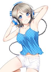 Rule 34 | 1girl, :d, armpits, arms up, bare legs, barefoot, blush, breasts, camisole, cleavage, collarbone, grin, hair ornament, hairclip, hands on headphones, headphones, highres, leg up, looking at viewer, love live!, love live! sunshine!!, medium breasts, midriff peek, navel, open mouth, polka dot, sankuro (agoitei), shiny skin, short hair, short shorts, shorts, simple background, smile, solo, spaghetti strap, standing, standing on one leg, swept bangs, tareme, teeth, watanabe you, white background, white shorts