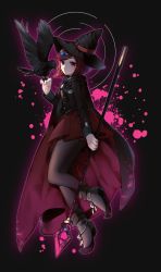 Rule 34 | 1girl, animal, animal on hand, bird, black background, black cape, black footwear, black hat, black pantyhose, blood, blood splatter, boots, cape, commentary request, crow, dalrye v3, danganronpa (series), danganronpa v3: killing harmony, full body, gem, hair ornament, hairclip, hat, highres, holding, holding staff, jacket, long sleeves, looking at viewer, pantyhose, pink blood, pleated skirt, red cape, red eyes, red hair, red skirt, school uniform, short hair, skirt, smile, solo, staff, witch hat, yumeno himiko
